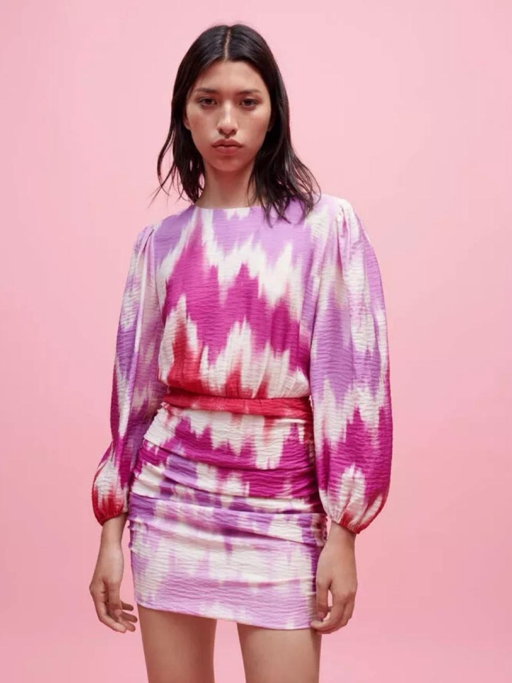 Maje Ritie Tie Dye Ikat Ruched Mini Dresss Pink Purple NWT